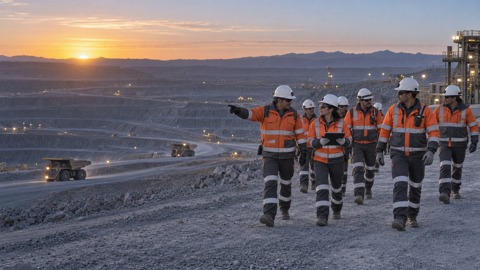 Equipo de trabajadores mineros chilenos preparado para el cambio de turno al amanecer en una faena a cielo abierto