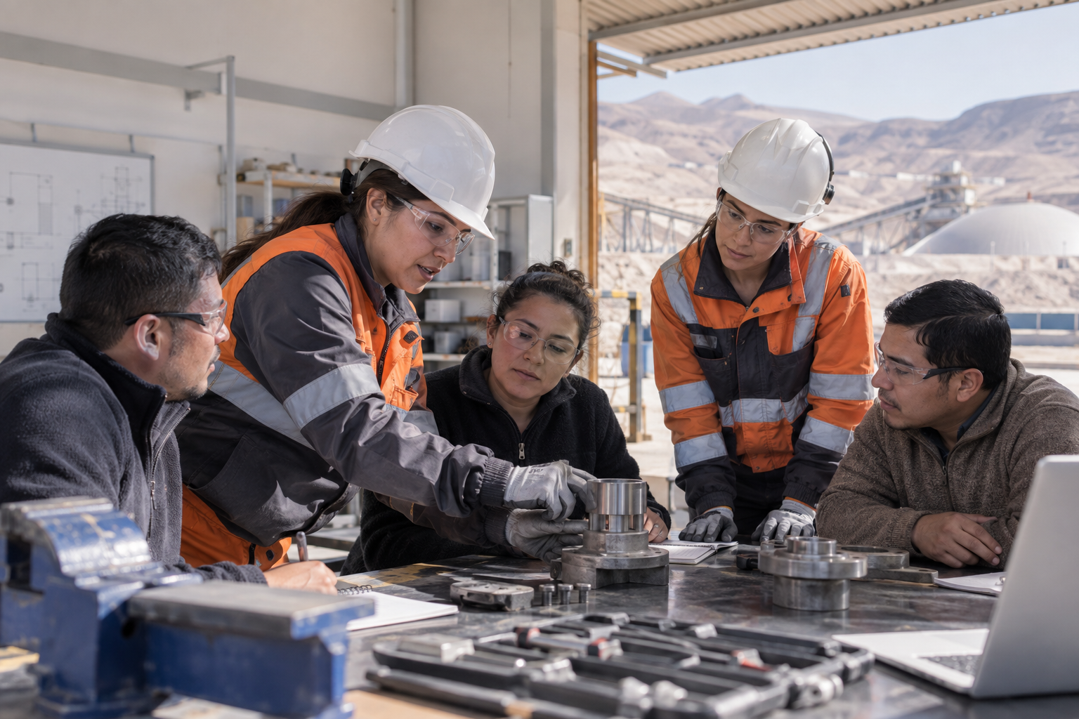 Mujeres mineras y participantes locales colaborando en una instancia de formación técnica en el norte de Chile